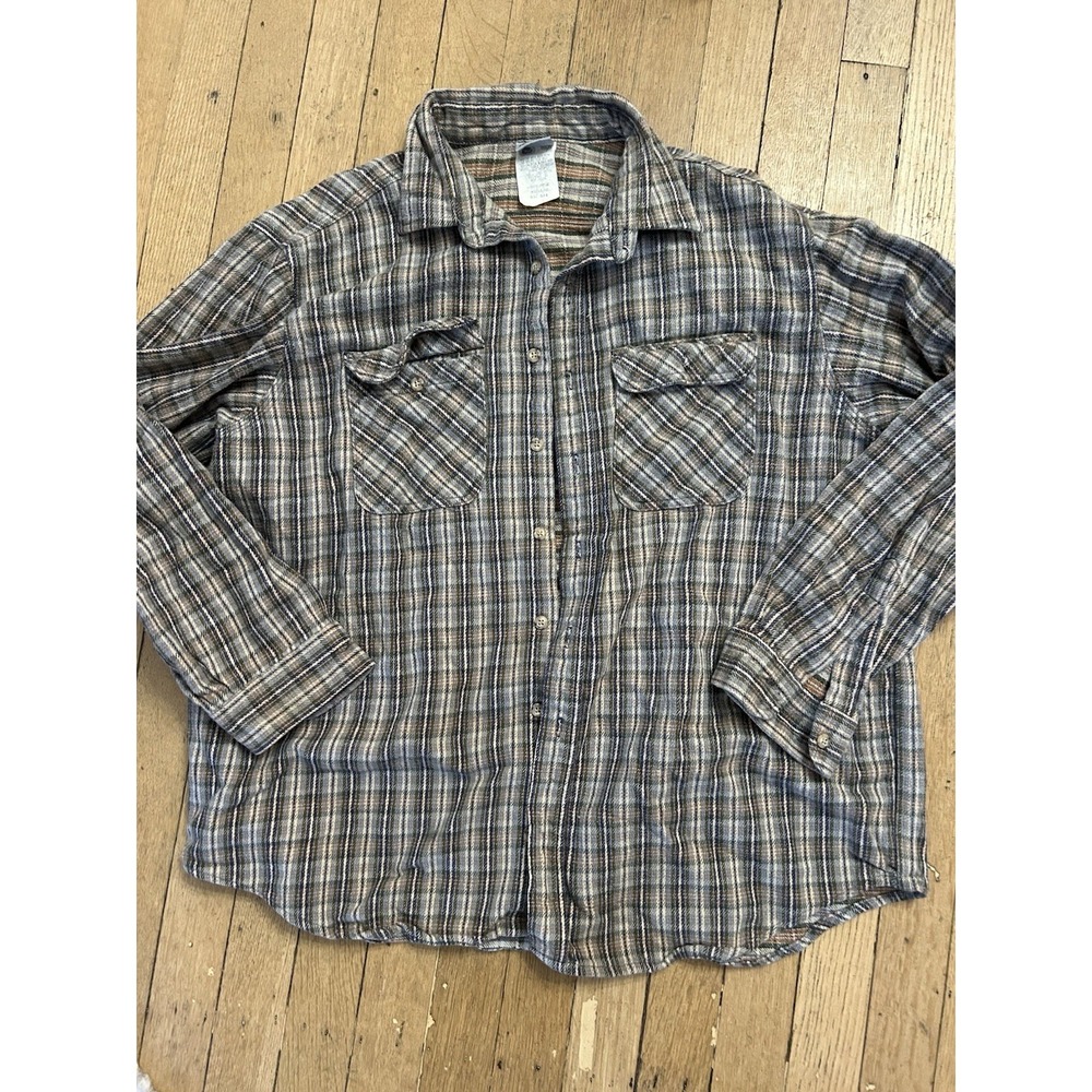 Vintage Carhartt Shirt Mens 2XL Gray Orange Blue Plaid Flannel Made USA Rugged